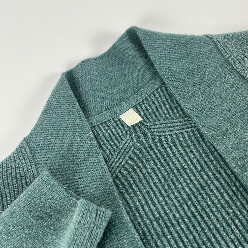 Lululemon WMNS 4 Merino Wool Blend Open Front Cardigan Teal Green Ribbed Knit
